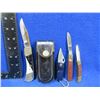Image 1 : 4 Folding Blade Pocket Knives - 1 Has a Leather Sheath