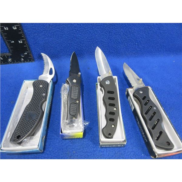 4 Folding Lock Blade Knives - 2 Partially Serrated, 1 Hawkbill, 1 Regular