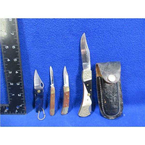 4 Folding Blade Knives - 3 are Lock Blade, 1 Has a Leather Sheath