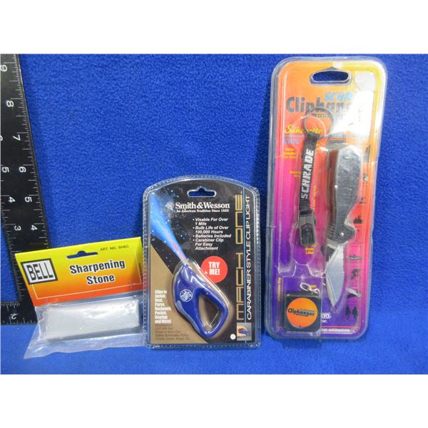 NEW - Schrade Cliphanger Knife, S&W Carabiner Light, Bell Sharpening Stone