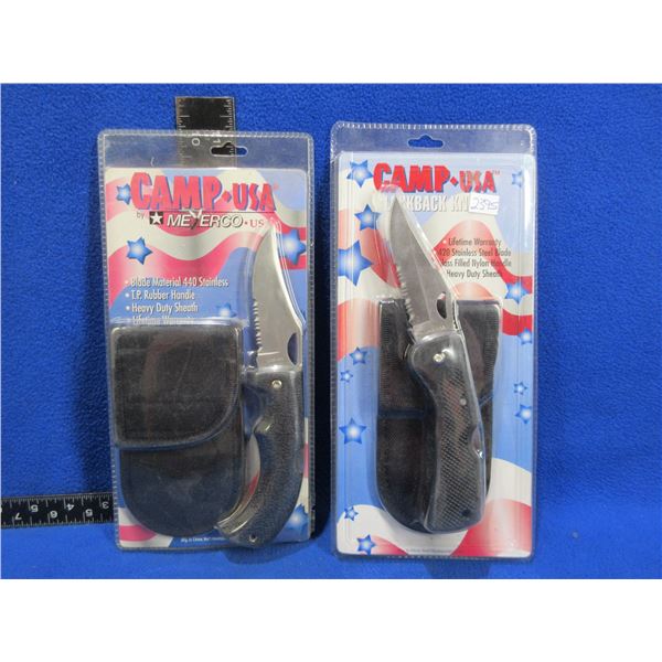 2 Camp USA Lockback Partially Serrated Blade Knives with Sheaths