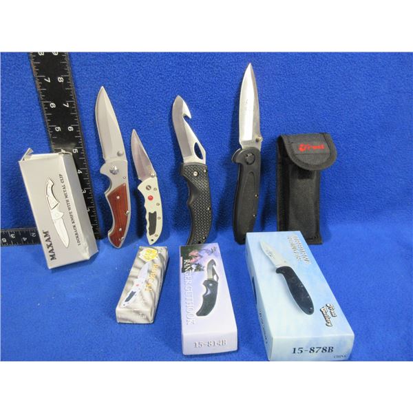 4 Folding Lock Blade Clip Knives - All Appear New - Maxam, Ranger Gut Hook, Bobcat, Frost Airborne R