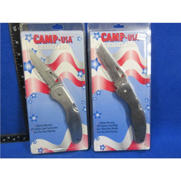 2 Camp USA Lockback Partially Serrated Blade Clip Knives - New Old Stock