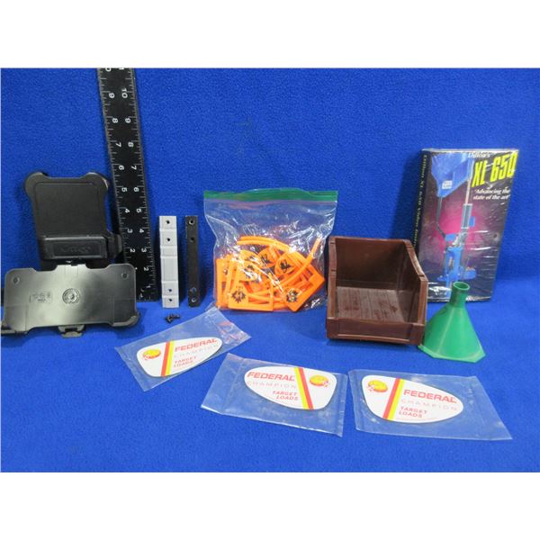 Lot of Misc. - Bases, Chamber Flags, Funnel, Dillon VHS, 2 Otter Belt Clips, Etc.