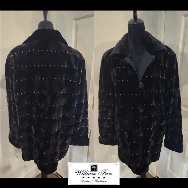 BLACK AND GOLD SPOTTED SHEARED MINK STROLLER REVERSIBLE TO TAFFETA RAINCOAT PERFECT FOR TRAVELING