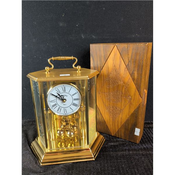 BULOVA Anniversary Clock w/ Hand Carved Jewelry Casket 12"Long