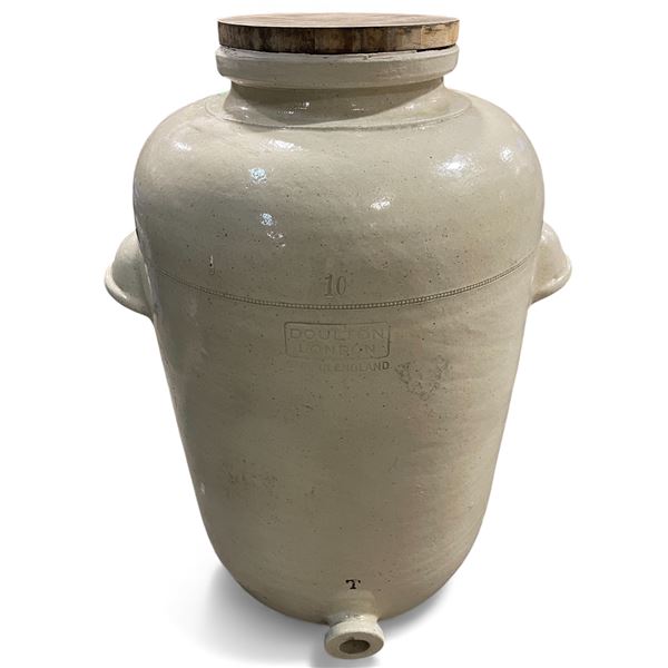 Doulton London England Stoneware 10 Crock with Tap Hole - 27" tall x 16" diameter - On a rolling sta