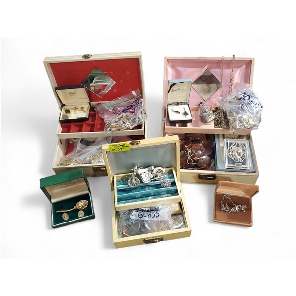 3 Vintage Jewelry Boxes with Contents - Cuff Links, Nygard Chain, Tie Clips, Money Clips and More