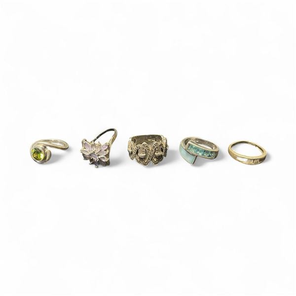 5 Sterling Silver & Gemstone Rings - Variety of styles and sizes - Total weight including gems: 21 g