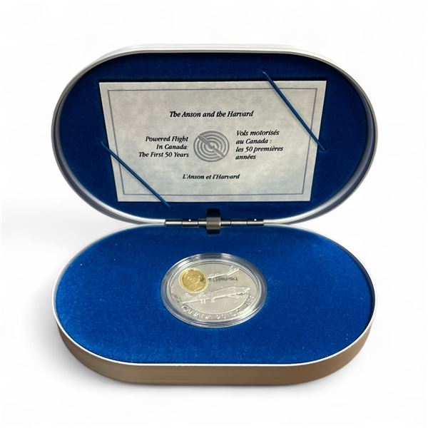 1990 .925 Silver Canadian "The Anson and the Harvard" One Troy Oz. $20 Coin with 24 Gold Covered Cam