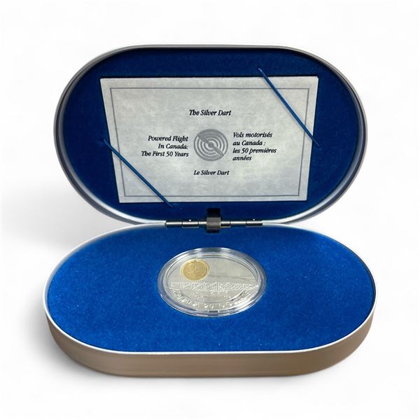 1991 .925 Silver Canadian "The Silver Dart" One Troy Oz. $20 Coin with 24 Gold Covered Cameo - From