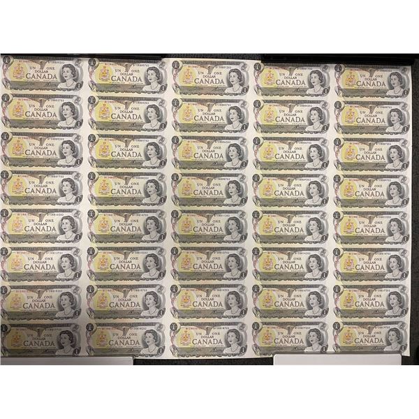 Uncut Sheet of 40 Canadian 1973 One Dollar Bills -  BFD Prefix Serial Numbers -  In protective tube