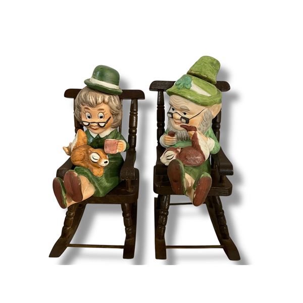 Vintage 1980s National Hoffman “Mr. Lucky & Mrs. Lucky Retired" with Wood Rocking Chair Dec