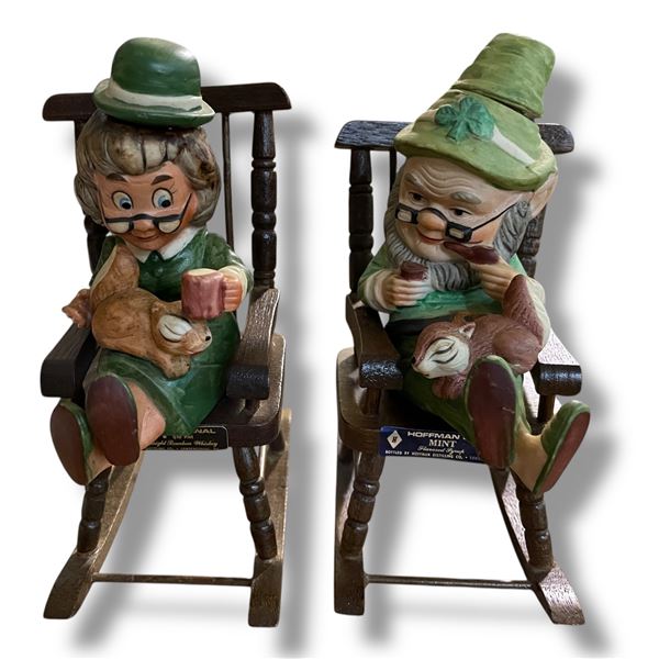 Vintage 1980s National Hoffman “Mr. Lucky & Mrs. Lucky Retired" with Wood Rocking Chair Dec