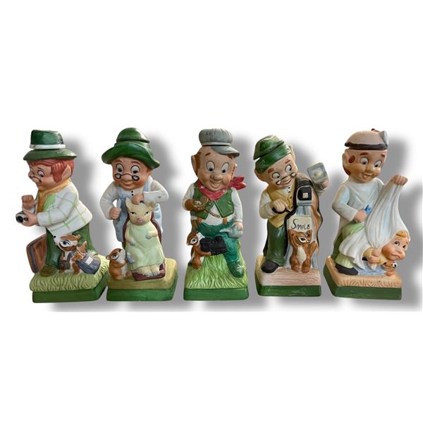 5 Vintage 1980 Hoffman Ceramic Whiskey Decanters Empty, Includes "Mr. Tourist", "Mr. Farmer", "Mr. R