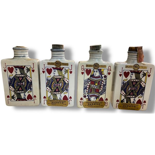 4 Vintage 1971 Garnier Playing Card Empty Mini Decanters, Includes 3 Jacks and Queen of Hearts, Made