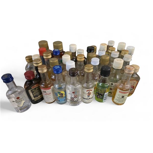 40 Miniature Empty Liquor Bottles - Featuring Brands such as Mount Gay Rum, Don Q Rum, and Teacher's