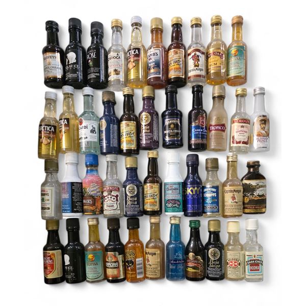 50 Miniature Empty Liquor Bottles - Featuring Brands such as Bacardi, Captain Morgan, and Harveys