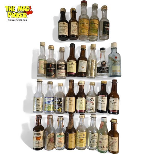 29 Miniature Empty Liquor Bottles - Featuring Brands like Captain Morgan, Mount Gay, Seagram's V.O.,