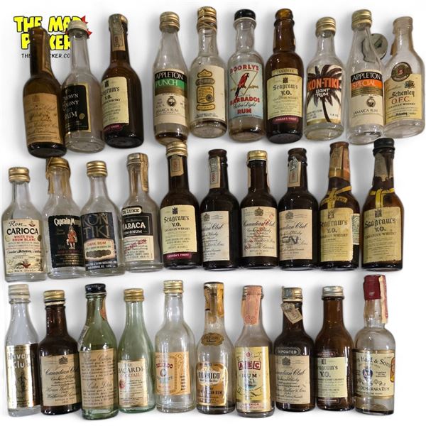 30 Miniature Empty Liquor Bottles - Featuring Brands Such as Seagram's V.O., Captain Morgan, and App