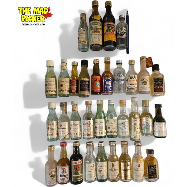 32 Miniature Empty Liquor Bottles - Featuring Brands Such as Bacardi, Captain Morgan, and Amaretto