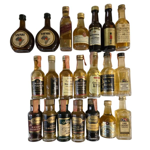 21 Miniature Empty Liquor Bottles - Featuring Brands Such as Windsor Canadian, and Arrow Flavored Br