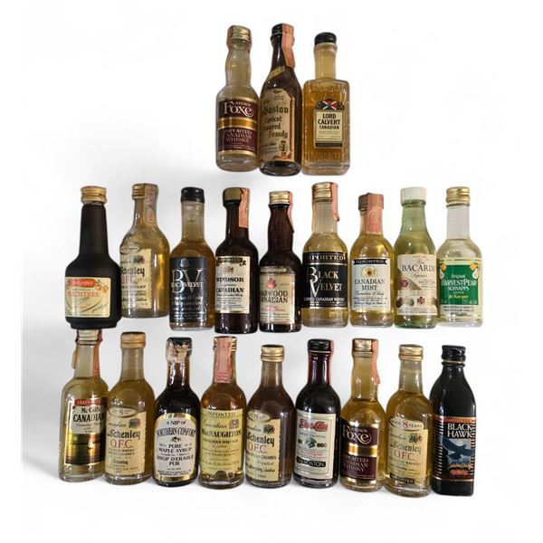 21 Miniature Empty Liquor Bottles - Featuring Brands Such as Lord Calvert, Black Velvet, and Schenle