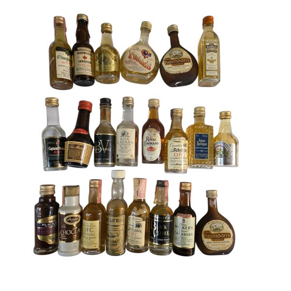 22 Miniature Empty Liquor Bottles - Featuring Brands Such as Captain Morgan, Schenley, and Brendans