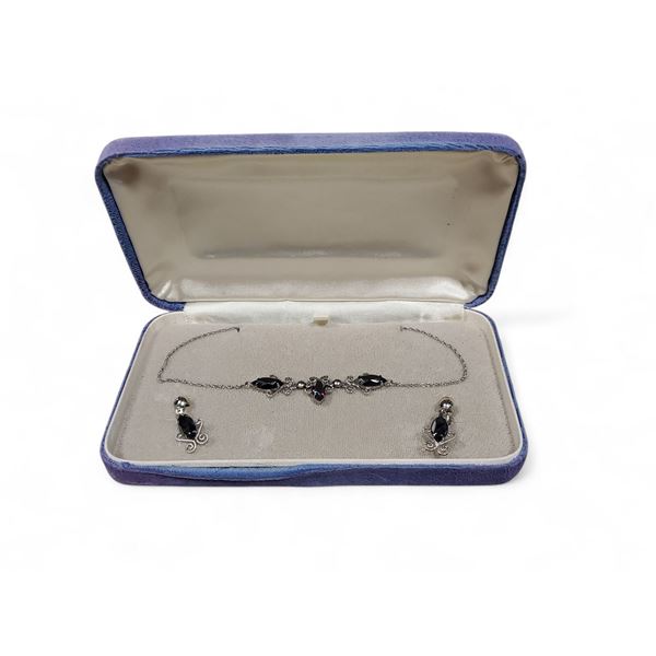 Vintage Sterling Silver Alaska Black Diamond Necklace & Screw Back Earrings