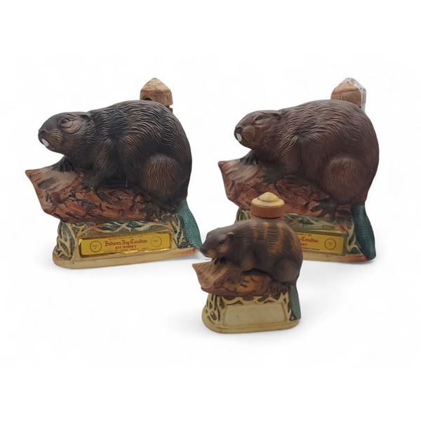 3 Vintage Hudson's Bay Canadian Rye Empty Whisky Decanters "Beaver", Includes 2 Full-Size (1972) and