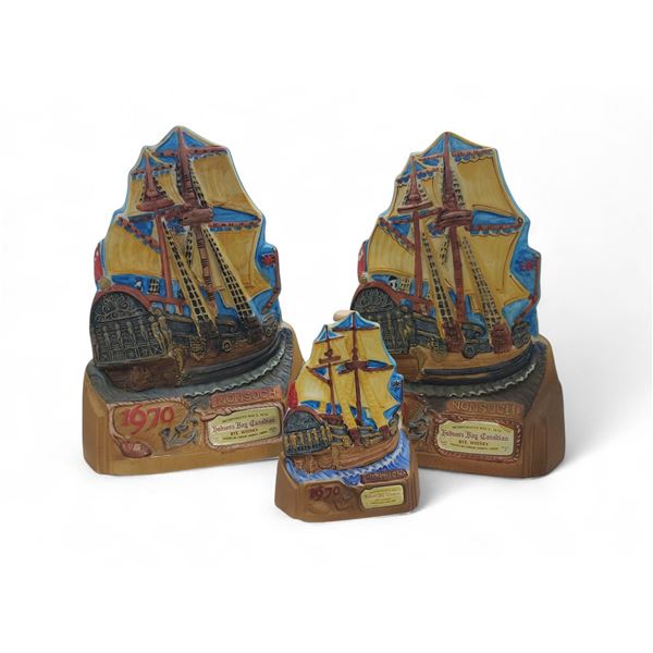 3 Vintage 1970 Hudson's Bay Canadian Rye Whisky Empty Decanters "Nonsuch", Includes 2 Full-Size and