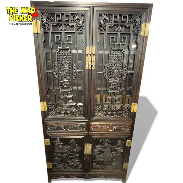Chinese Qing-Style Carved Hardwood Cabinet, H78.5" Tall