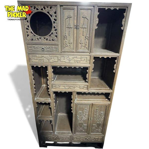Chinese Craved Hardwood Display Side Cabinet, 83" Tall