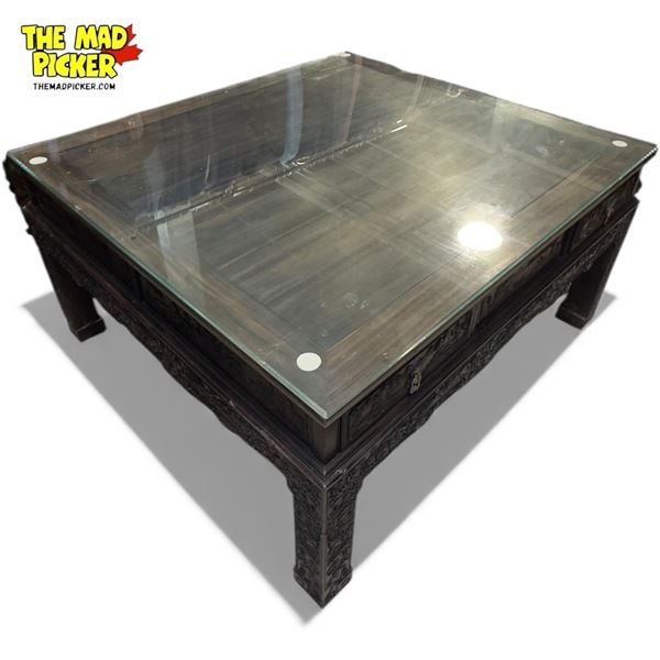 Chinese Qing-Style Hardwood Carved Square Low Table with Glass Top