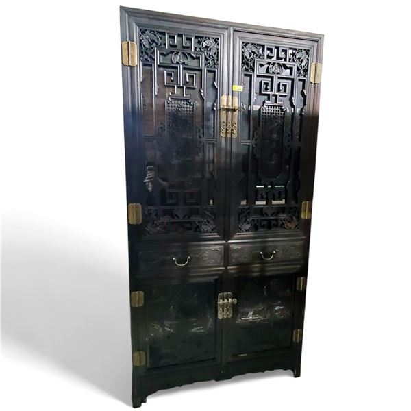 Chinese Qing-Style Carved Hardwood Cabinet, Approx. 78.5" Tall
