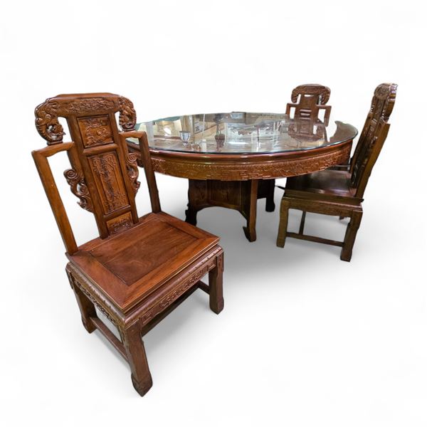 Chinese Carved Hardwood Round Dining Table & Matching Chairs - H30" x Dia. 62"