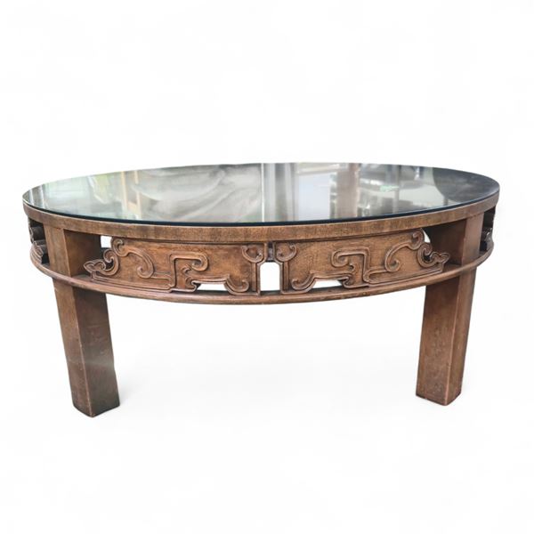 Chinese Carved Hardwood Round Table with Glass Top, Approx. H15" x Dia. 39"