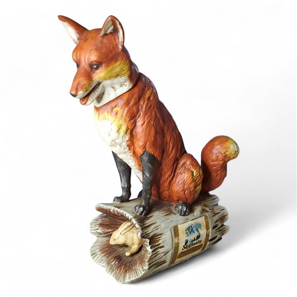 1970s Ski Country "Red Fox on a Log with Rabbit" Bourbon Whiskey  Decanter - 10" tall