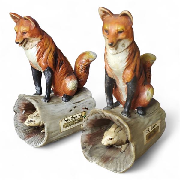 Two 1973 Ski Country "Red Fox on  a Log with Rabbit" Mini Bourbon Whiskey Decanters - 5" tall