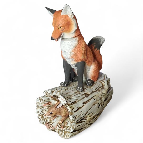 1970s Ski Country  "Red Fox on a Log with Rabbit" Bourbon Whiskey Decanter with Box - 13" Tall