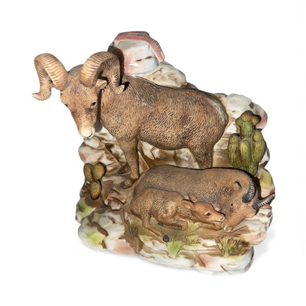 1978 Cyrus Noble by Haas Bros "Big Horn Sheep with Lamb" Porcelain Whiskey Decanter - Empty - 6" x 8