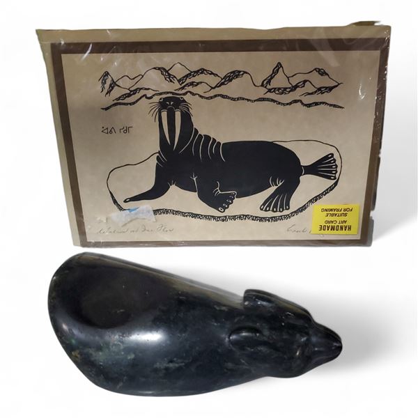Inuit Soapstone Seal Carving and Signed Seal Print
