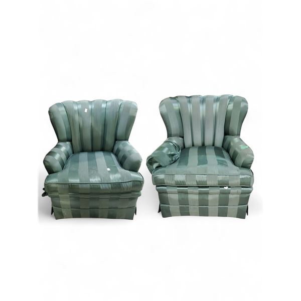 Pair of Mid-Century Channel-Back Skirted Club Chairs - Sage‑Green Striped - Approx. H32" x