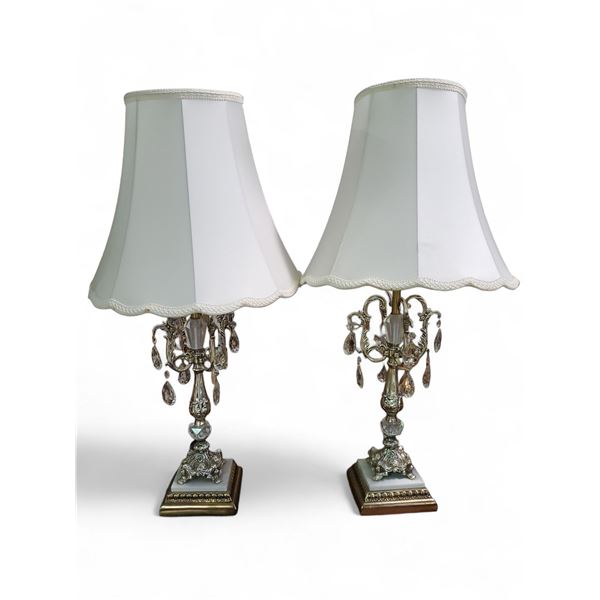 Pair of Vintage Glass Crystal Table Lamps - Approx. H 32" x Base Dia. 6" Each