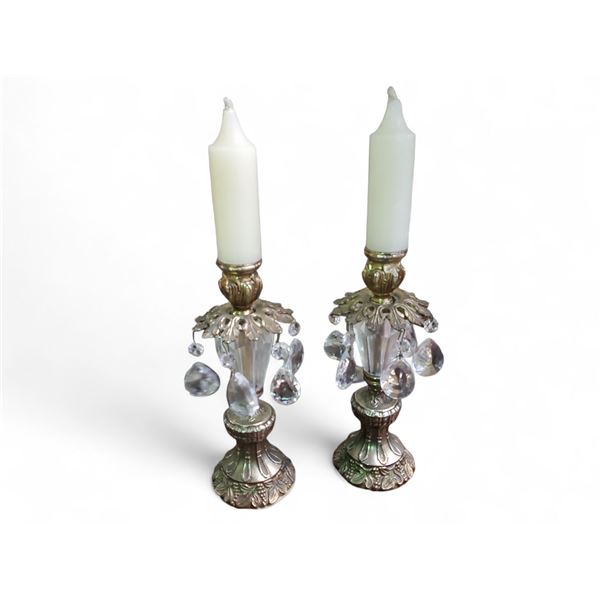 Pair of Vintage Crystal Prism Candlestick Holders, Approx. H 9.5" x Dia. 3" (bases only)