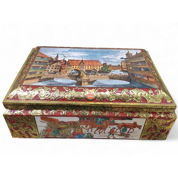 Large Vintage 1988 E. Otto Schmidt Tin Box (Nuremberg Scene), 8500 Nuremberg - 11" x 16" - Made in W
