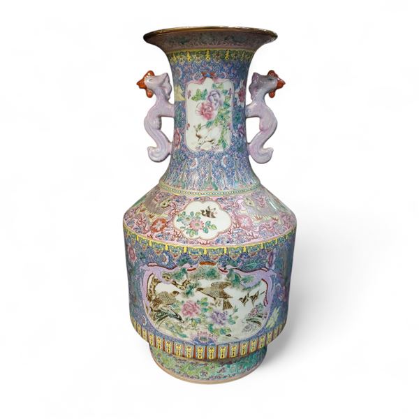 Large Chinese Porcelain Famille Rose Vase with Phoenix Handles, Approx. H22" x 11"