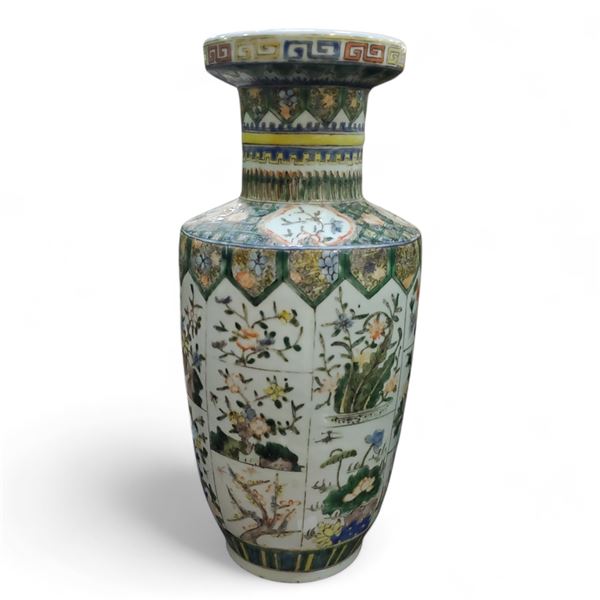 Chinese Qing‑Style Famille Verte Rouleau Porcelain Vase, H13.5"