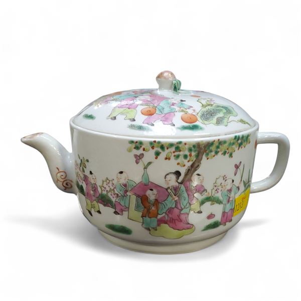 Chinese "Hundred Boys" Famille Rose Porcelain Teapot, Approx. 3.5" x 6.5"
