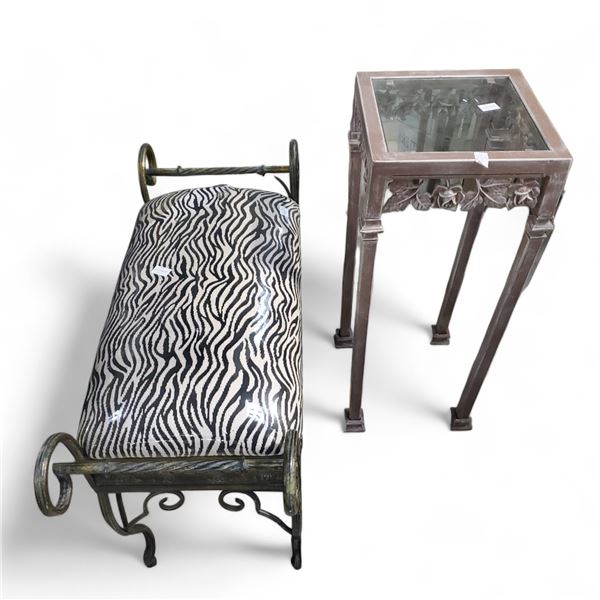 Zebra Print Bench and Wood Glass-top Side TAble, Approx. H28" x 11.5" / H21" x 32" x 12"
